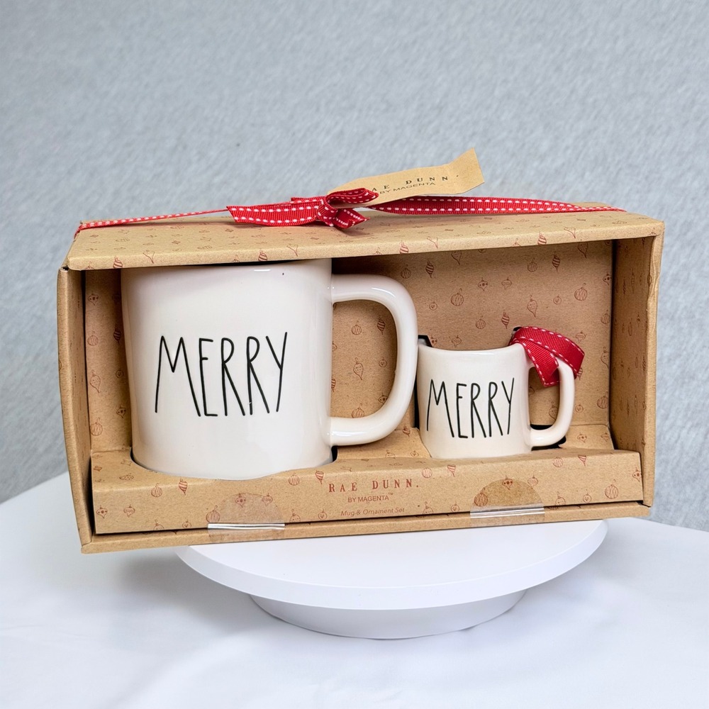 Rae Dunn Magenta MERRY Coffee Mug and Ornament Gift Set White Ceramic Christmas